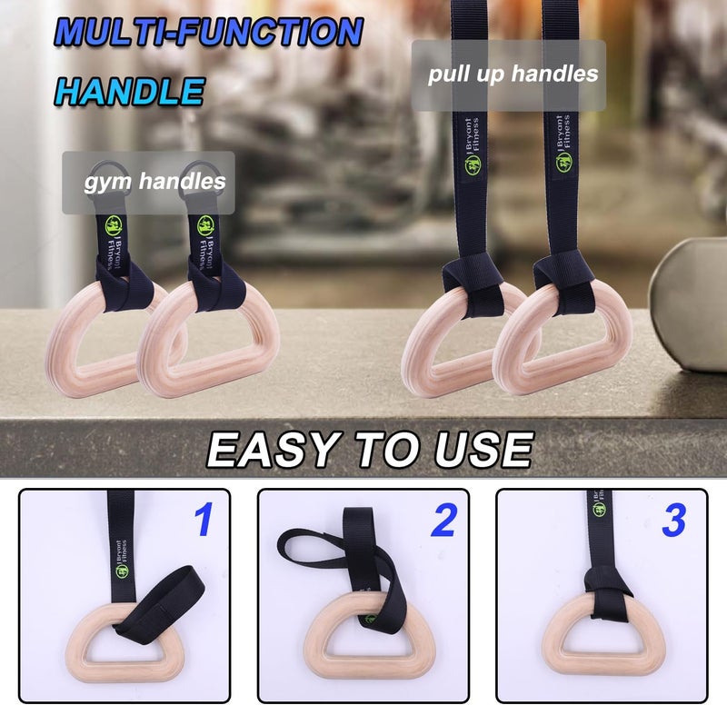 J Bryant Fitness Wooden Gymnastic Rings - Pull Up Grips & LAT Pull Down Gym Handles Design, Sturdy Webbing Straps with D-Rings, Pilates, Strength Training, and Portable Fitness - Includes Carry Bag - Image 3
